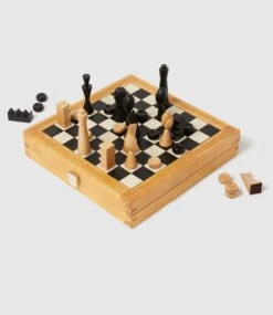 Travel Chess And Backgammon Set In Buffalo And Smooth Calfskin Leather, Olive And Ebony Wood
